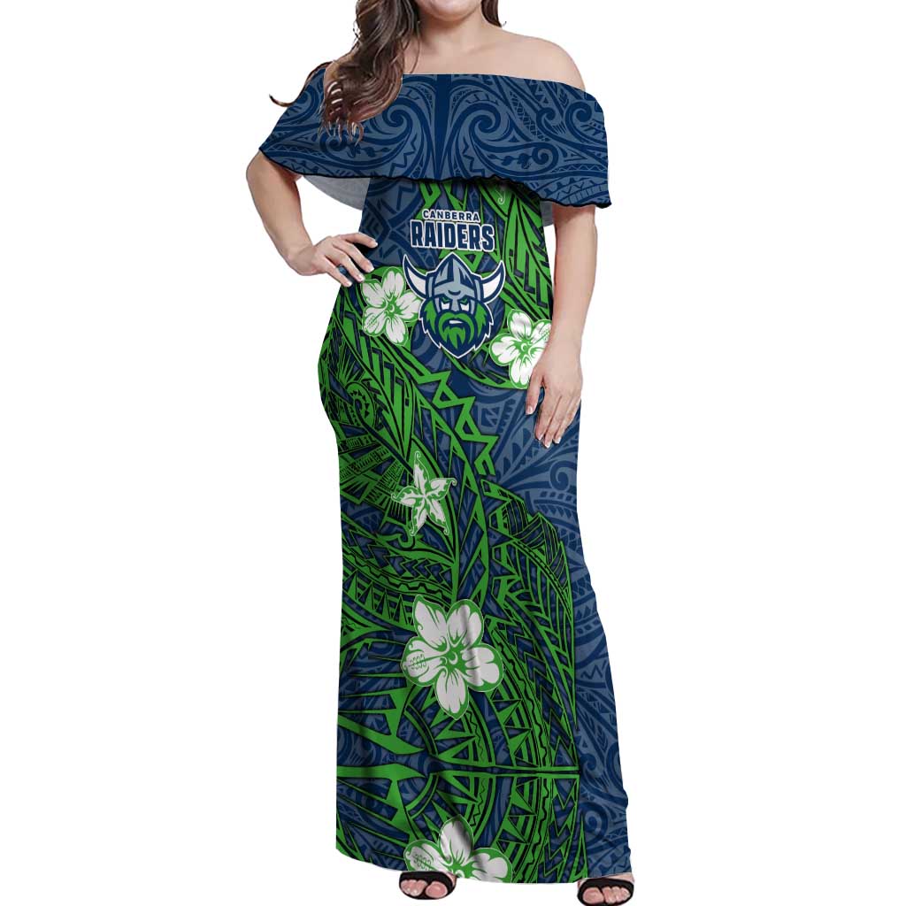 Personalised Canberra Raiders Off Shoulder Maxi Dress Polynesian Tribal Pattern With Rugby Viking Mascot Art