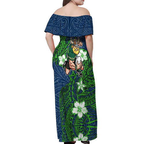 Personalised Canberra Raiders Off Shoulder Maxi Dress Polynesian Tribal Pattern With Rugby Viking Mascot Art