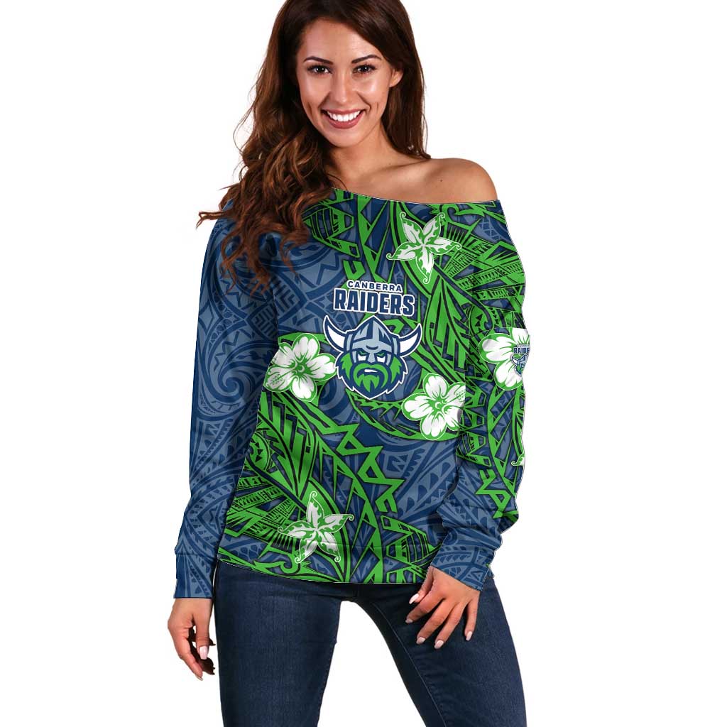 Personalised Canberra Raiders Off Shoulder Sweater Polynesian Tribal Pattern With Rugby Viking Mascot Art