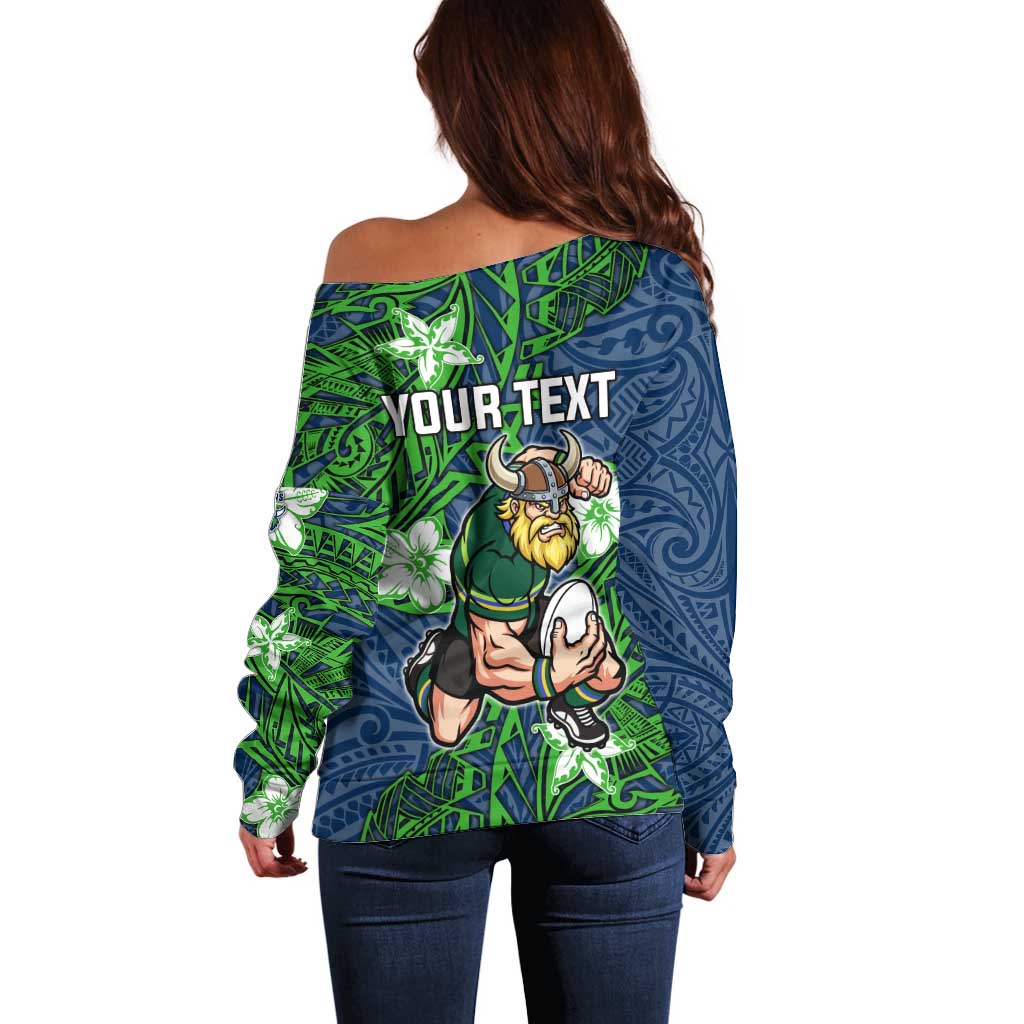 Personalised Canberra Raiders Off Shoulder Sweater Polynesian Tribal Pattern With Rugby Viking Mascot Art