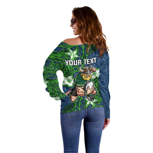 Personalised Canberra Raiders Off Shoulder Sweater Polynesian Tribal Pattern With Rugby Viking Mascot Art