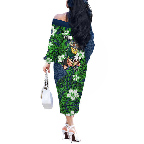 Personalised Canberra Raiders Off The Shoulder Long Sleeve Dress Polynesian Tribal Pattern With Rugby Viking Mascot Art