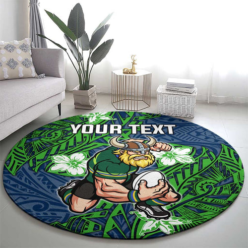 Personalised Canberra Raiders Round Carpet Polynesian Tribal Pattern With Rugby Viking Mascot Art
