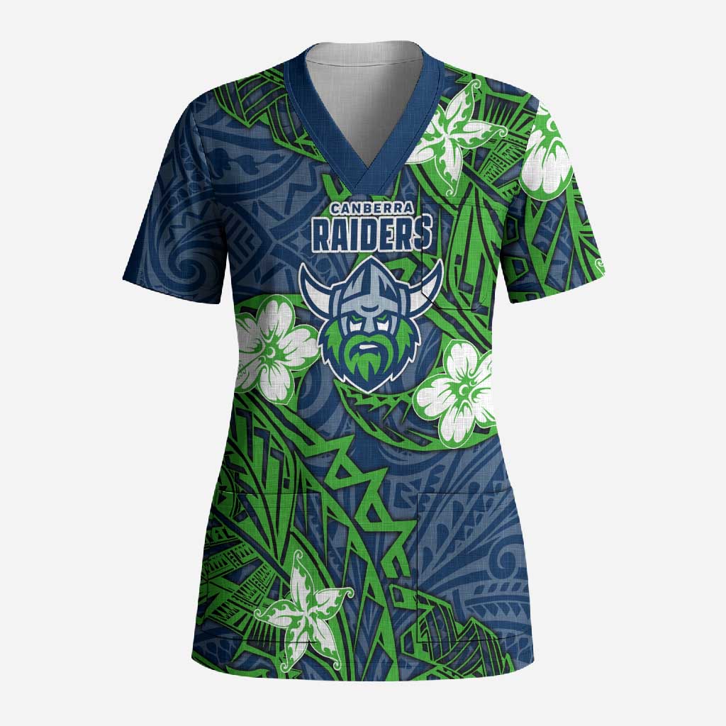 Personalised Canberra Raiders Scrub Top Polynesian Tribal Pattern With Rugby Viking Mascot Art
