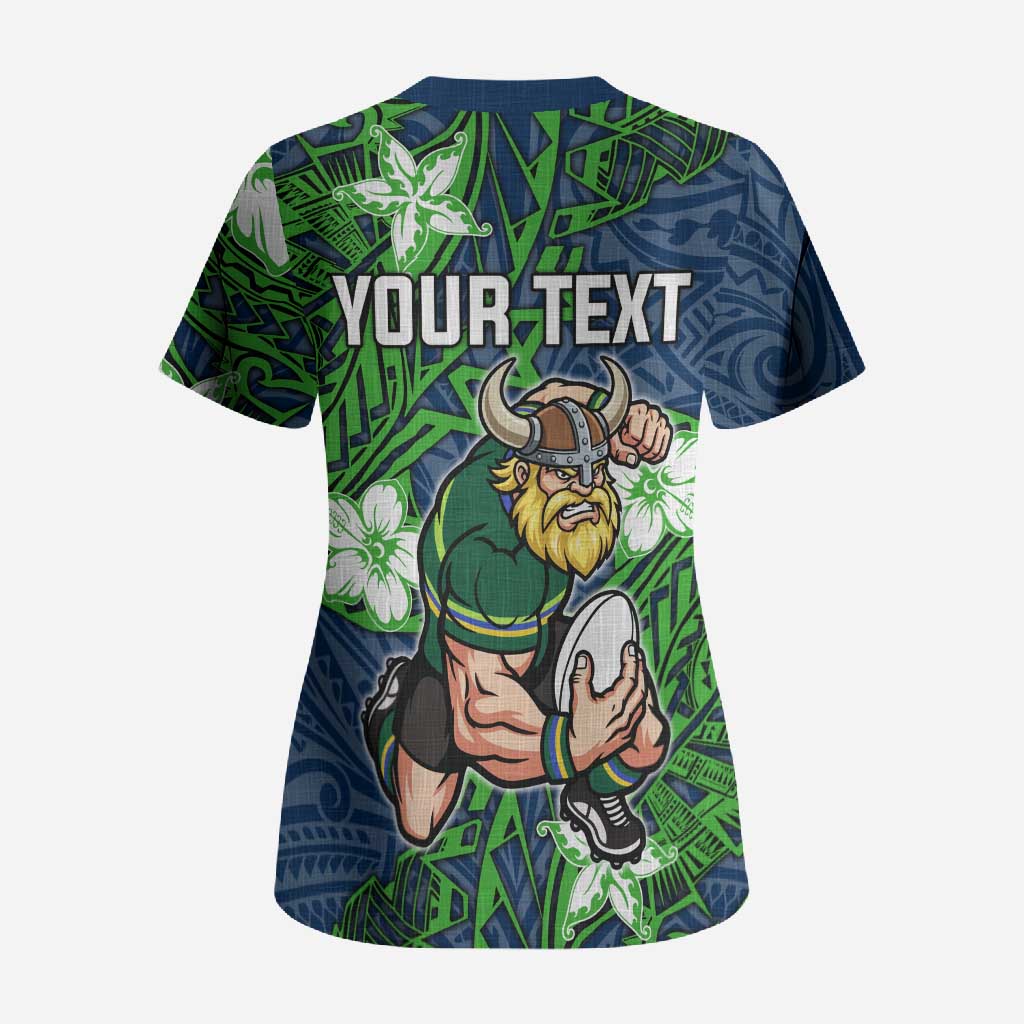 Personalised Canberra Raiders Scrub Top Polynesian Tribal Pattern With Rugby Viking Mascot Art