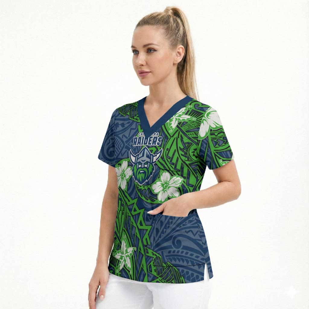 Personalised Canberra Raiders Scrub Top Polynesian Tribal Pattern With Rugby Viking Mascot Art