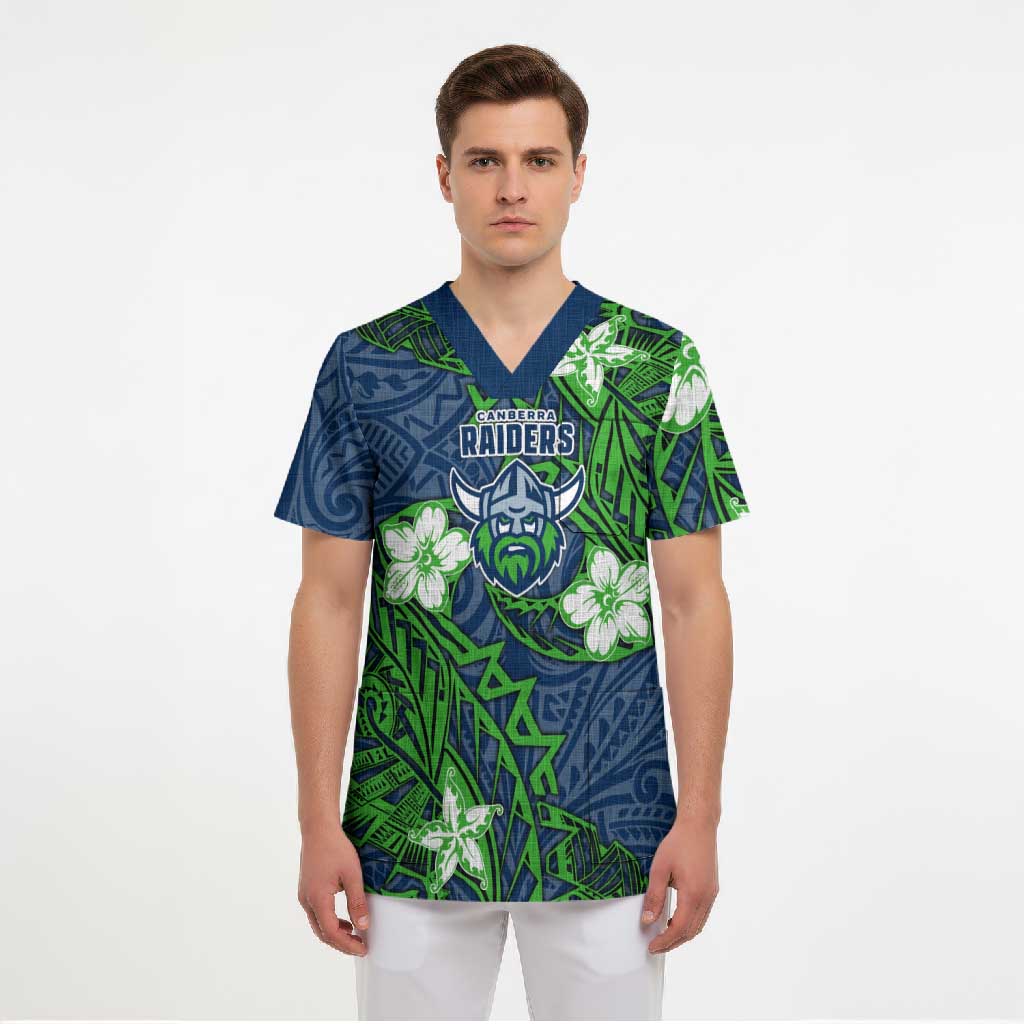 Personalised Canberra Raiders Scrub Top Polynesian Tribal Pattern With Rugby Viking Mascot Art