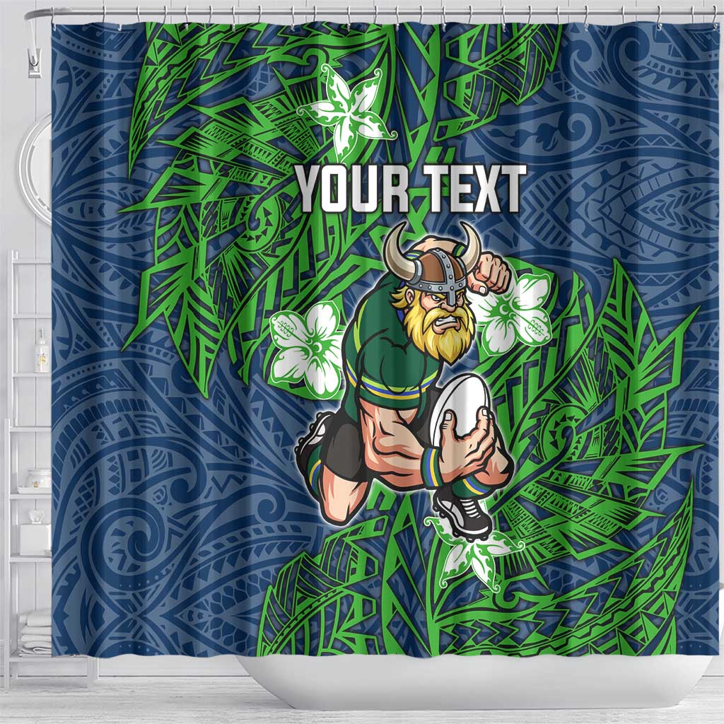 Personalised Canberra Raiders Shower Curtain Polynesian Tribal Pattern With Rugby Viking Mascot Art