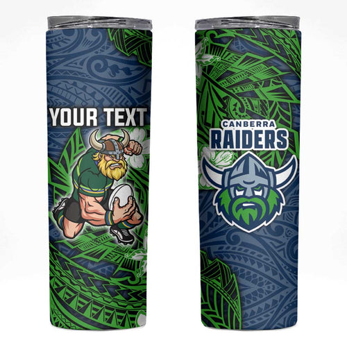 Personalised Canberra Raiders Skinny Tumbler Polynesian Tribal Pattern With Rugby Viking Mascot Art