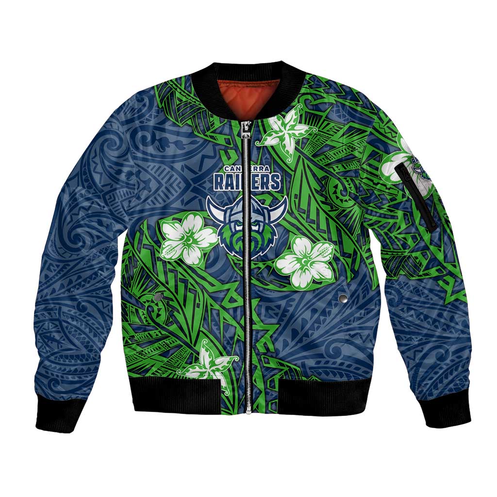 Personalised Canberra Raiders Sleeve Zip Bomber Jacket Polynesian Tribal Pattern With Rugby Viking Mascot Art