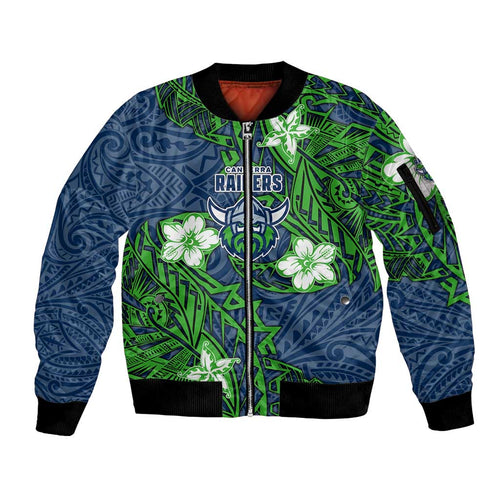 Personalised Canberra Raiders Sleeve Zip Bomber Jacket Polynesian Tribal Pattern With Rugby Viking Mascot Art