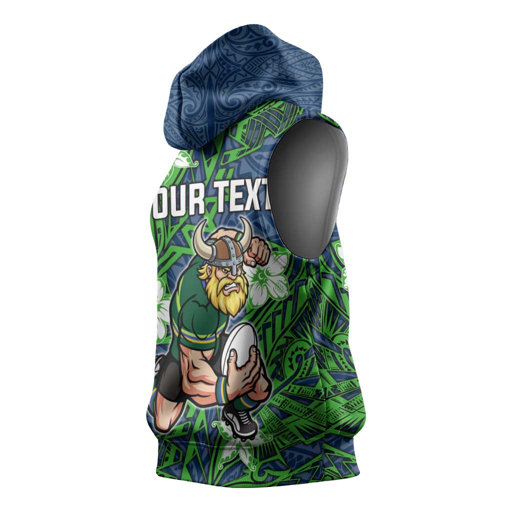 Personalised Canberra Raiders Sleeveless Hoodie Polynesian Tribal Pattern With Rugby Viking Mascot Art