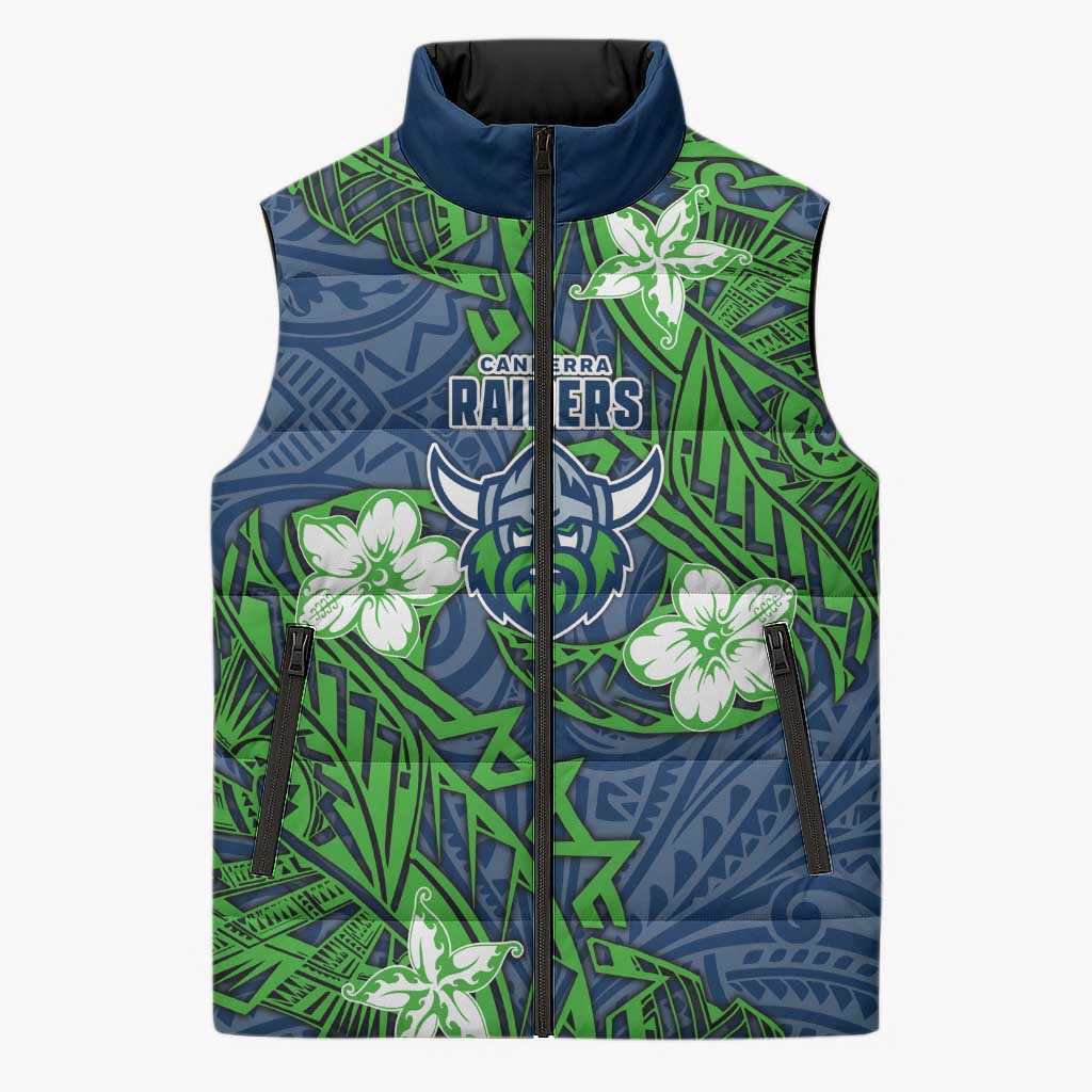 Personalised Canberra Raiders Sleeveless Puffer Jacket Polynesian Tribal Pattern With Rugby Viking Mascot Art