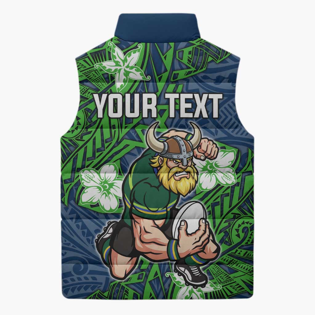 Personalised Canberra Raiders Sleeveless Puffer Jacket Polynesian Tribal Pattern With Rugby Viking Mascot Art