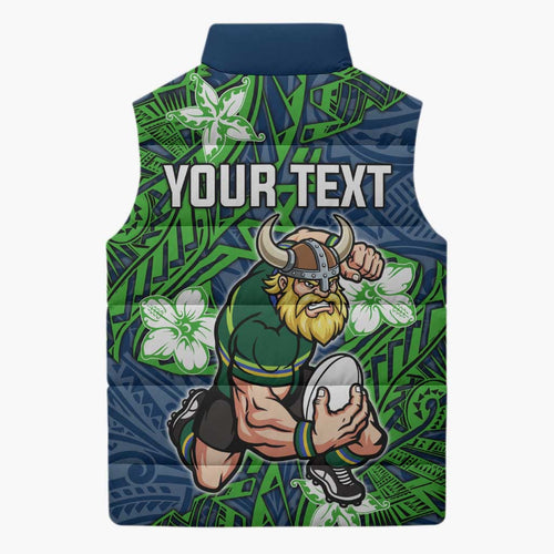 Personalised Canberra Raiders Sleeveless Puffer Jacket Polynesian Tribal Pattern With Rugby Viking Mascot Art