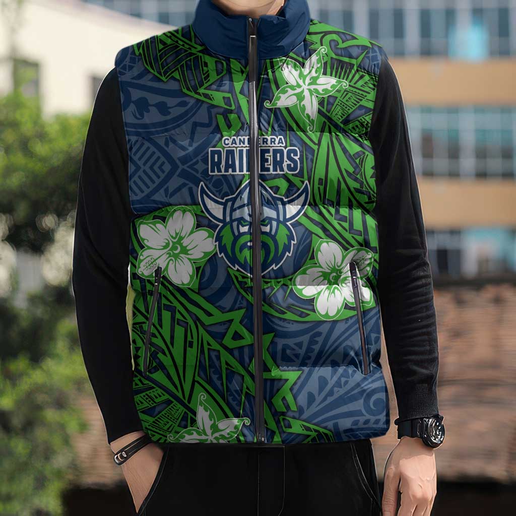 Personalised Canberra Raiders Sleeveless Puffer Jacket Polynesian Tribal Pattern With Rugby Viking Mascot Art
