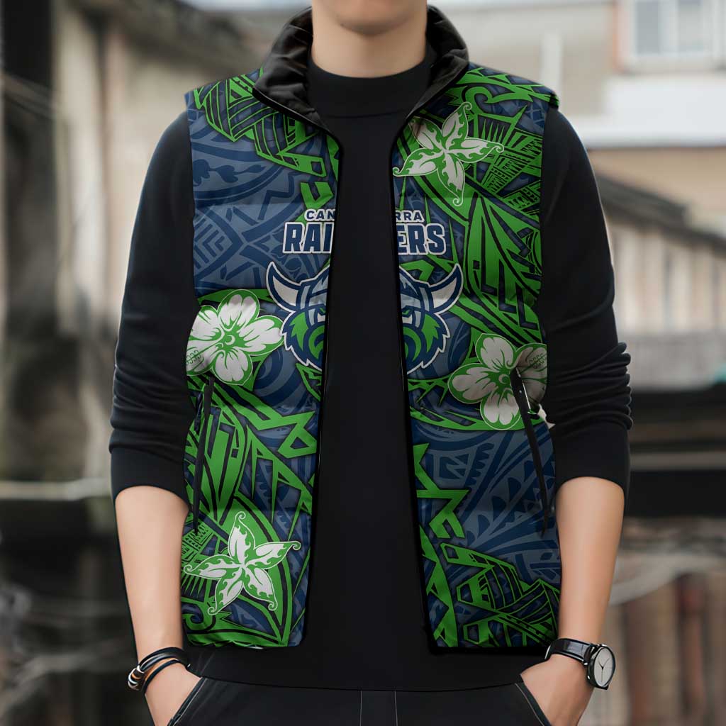 Personalised Canberra Raiders Sleeveless Puffer Jacket Polynesian Tribal Pattern With Rugby Viking Mascot Art