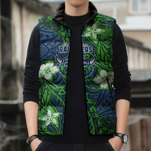 Personalised Canberra Raiders Sleeveless Puffer Jacket Polynesian Tribal Pattern With Rugby Viking Mascot Art