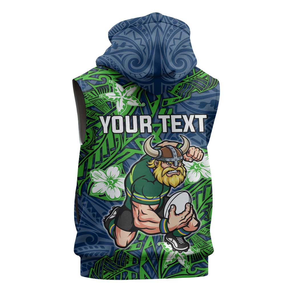 Personalised Canberra Raiders Sleeveless Zip Hoodie Polynesian Tribal Pattern With Rugby Viking Mascot Art
