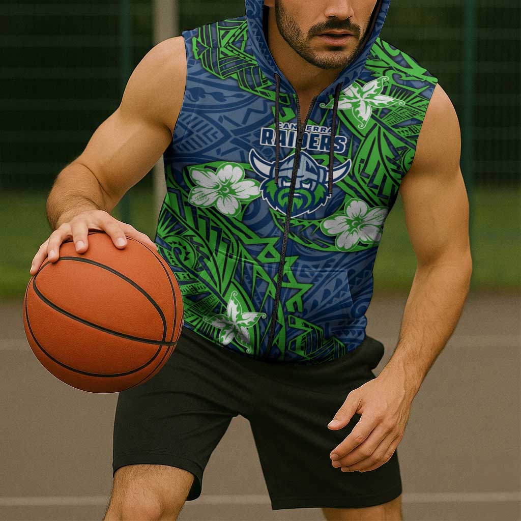 Personalised Canberra Raiders Sleeveless Zip Hoodie Polynesian Tribal Pattern With Rugby Viking Mascot Art