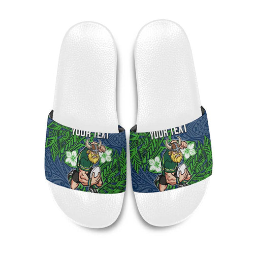 Personalised Canberra Raiders Slide Sandals Polynesian Tribal Pattern With Rugby Viking Mascot Art