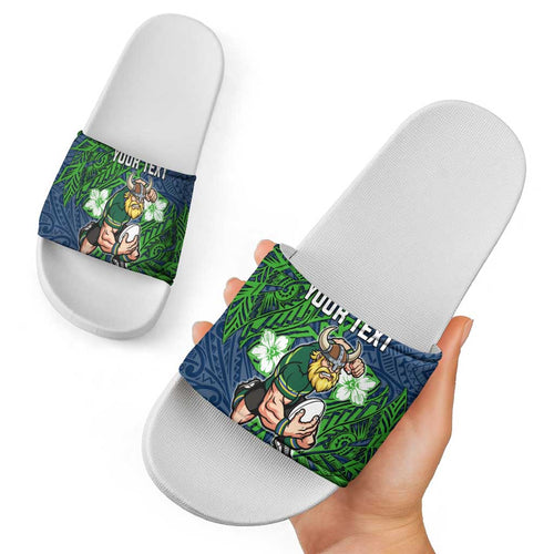 Personalised Canberra Raiders Slide Sandals Polynesian Tribal Pattern With Rugby Viking Mascot Art