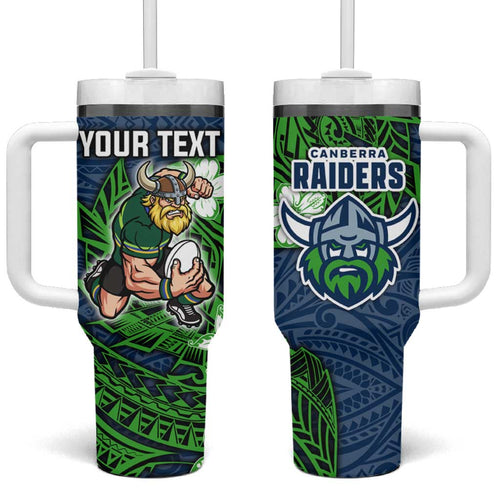 Personalised Canberra Raiders Tumbler With Handle Polynesian Tribal Pattern With Rugby Viking Mascot Art