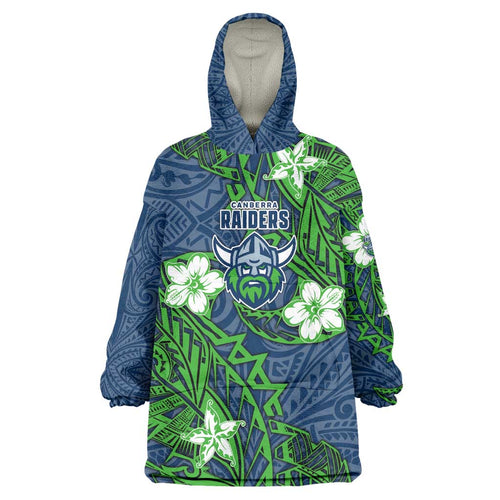 Personalised Canberra Raiders Wearable Blanket Hoodie Polynesian Tribal Pattern With Rugby Viking Mascot Art