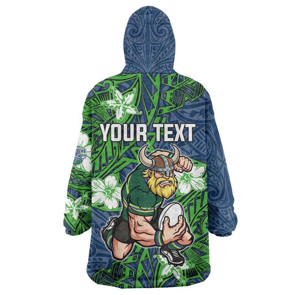 Personalised Canberra Raiders Wearable Blanket Hoodie Polynesian Tribal Pattern With Rugby Viking Mascot Art