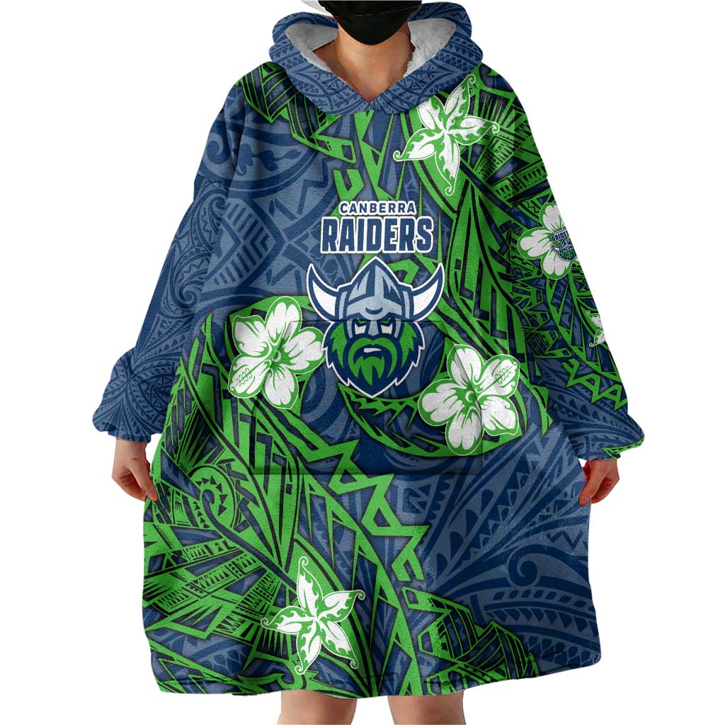 Personalised Canberra Raiders Wearable Blanket Hoodie Polynesian Tribal Pattern With Rugby Viking Mascot Art