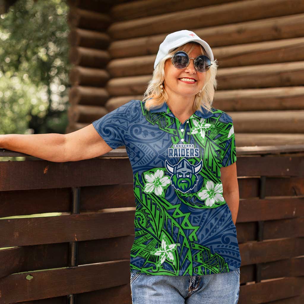 Personalised Canberra Raiders Women Polo Shirt Polynesian Tribal Pattern With Rugby Viking Mascot Art