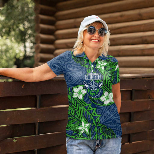 Personalised Canberra Raiders Women Polo Shirt Polynesian Tribal Pattern With Rugby Viking Mascot Art