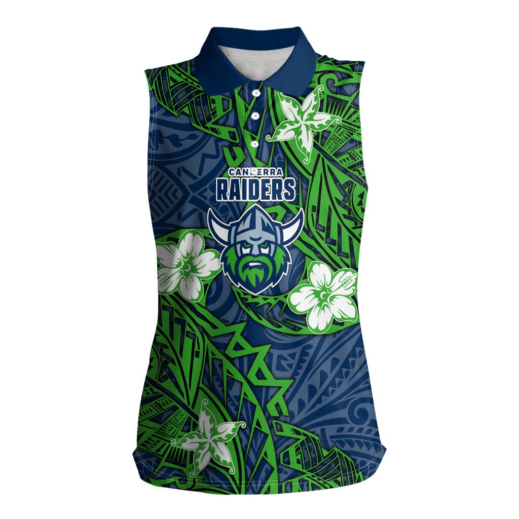Personalised Canberra Raiders Women Sleeveless Polo Shirt Polynesian Tribal Pattern With Rugby Viking Mascot Art