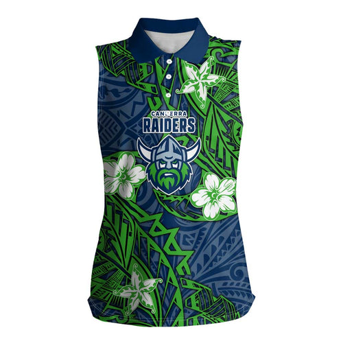 Personalised Canberra Raiders Women Sleeveless Polo Shirt Polynesian Tribal Pattern With Rugby Viking Mascot Art