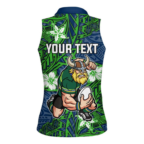 Personalised Canberra Raiders Women Sleeveless Polo Shirt Polynesian Tribal Pattern With Rugby Viking Mascot Art