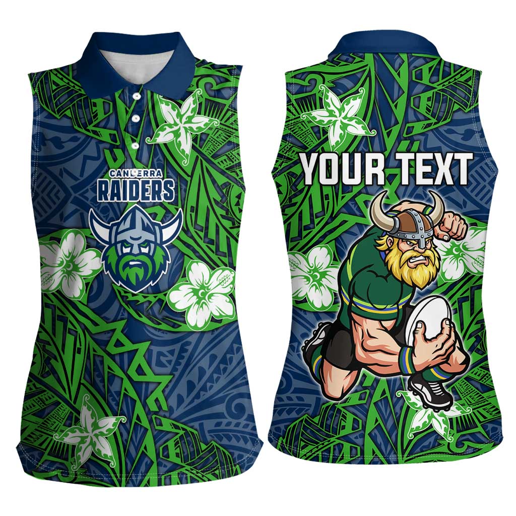 Personalised Canberra Raiders Women Sleeveless Polo Shirt Polynesian Tribal Pattern With Rugby Viking Mascot Art
