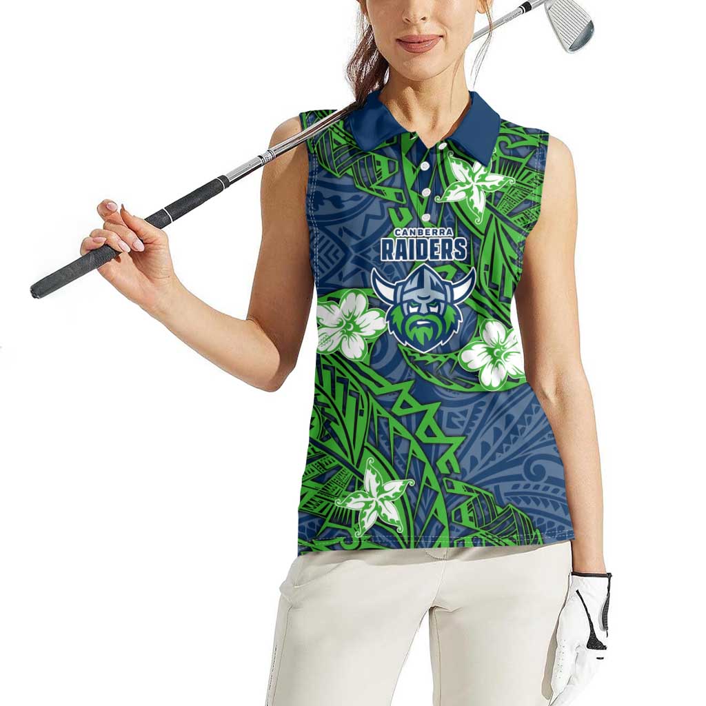 Personalised Canberra Raiders Women Sleeveless Polo Shirt Polynesian Tribal Pattern With Rugby Viking Mascot Art
