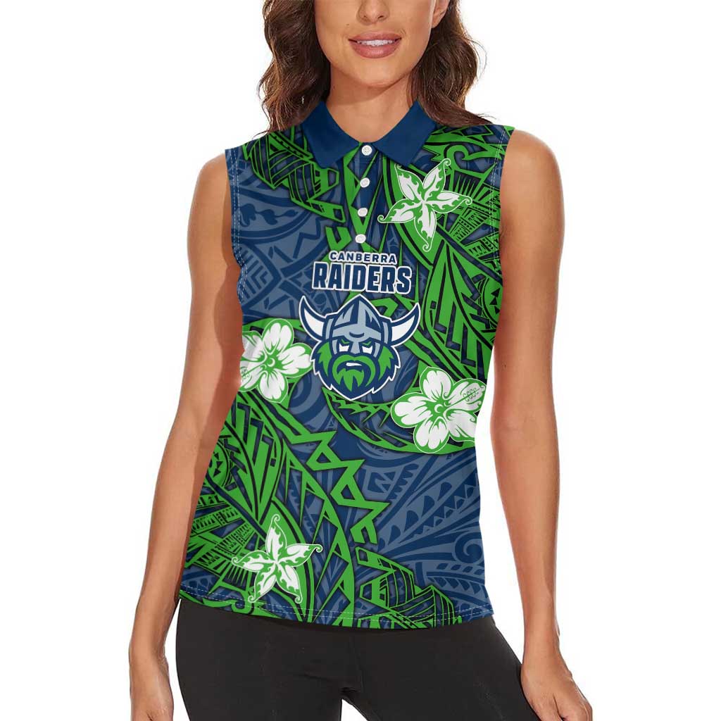 Personalised Canberra Raiders Women Sleeveless Polo Shirt Polynesian Tribal Pattern With Rugby Viking Mascot Art