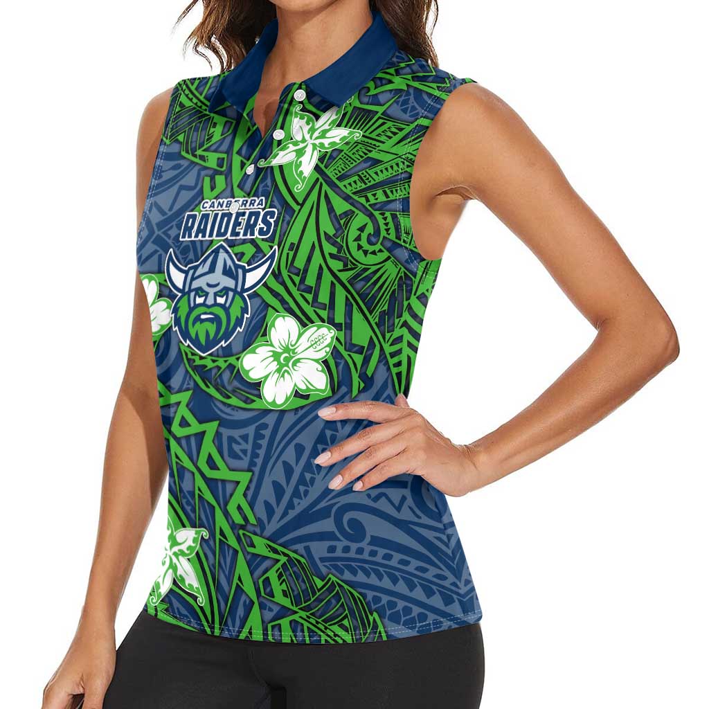 Personalised Canberra Raiders Women Sleeveless Polo Shirt Polynesian Tribal Pattern With Rugby Viking Mascot Art