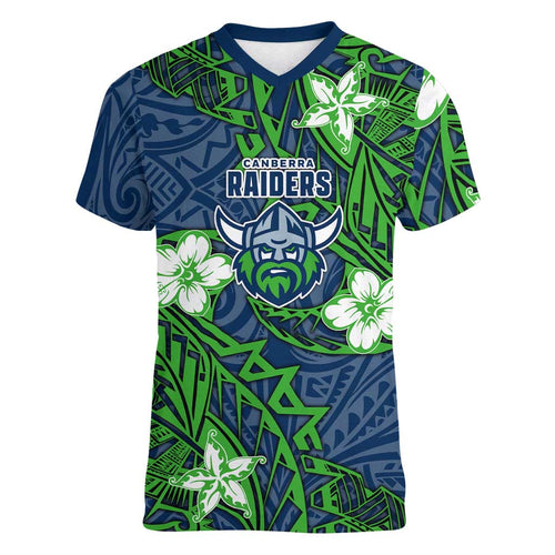 Personalised Canberra Raiders Women V-Neck T-Shirt Polynesian Tribal Pattern With Rugby Viking Mascot Art