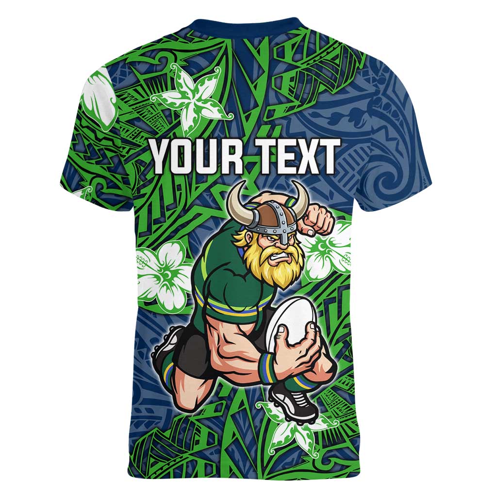 Personalised Canberra Raiders Women V-Neck T-Shirt Polynesian Tribal Pattern With Rugby Viking Mascot Art