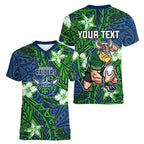 Personalised Canberra Raiders Women V-Neck T-Shirt Polynesian Tribal Pattern With Rugby Viking Mascot Art