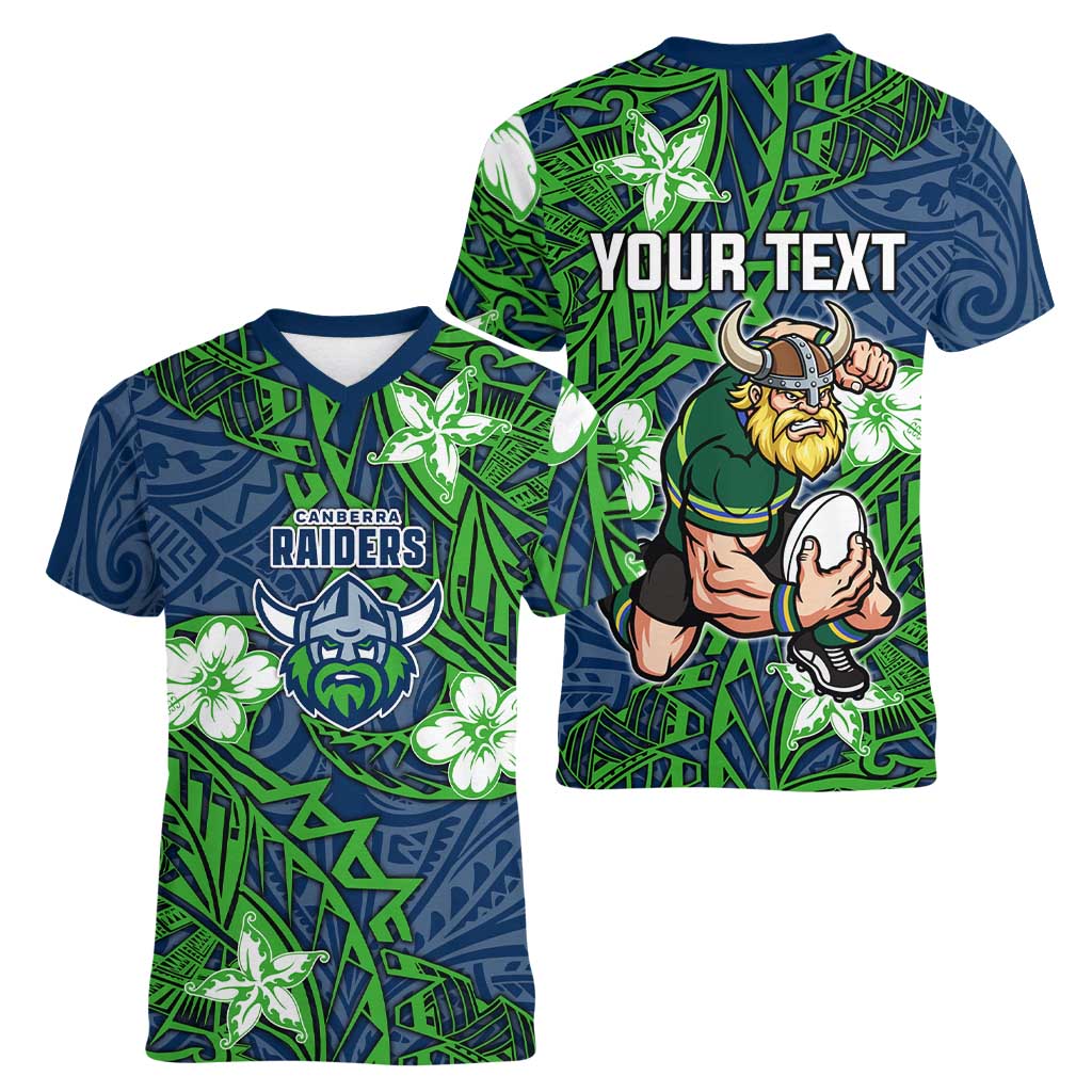 Personalised Canberra Raiders Women V-Neck T-Shirt Polynesian Tribal Pattern With Rugby Viking Mascot Art