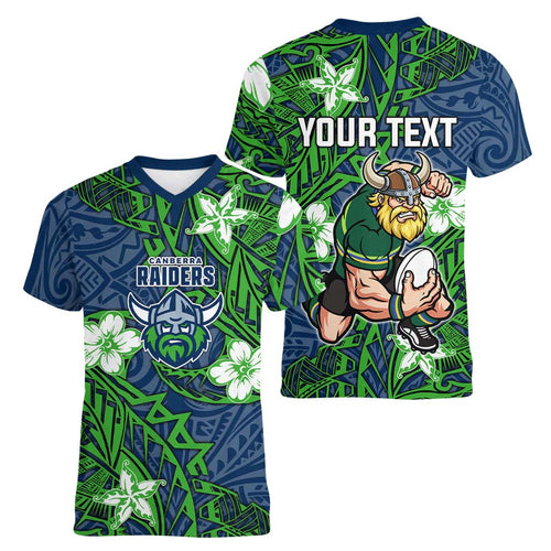 Personalised Canberra Raiders Women V-Neck T-Shirt Polynesian Tribal Pattern With Rugby Viking Mascot Art