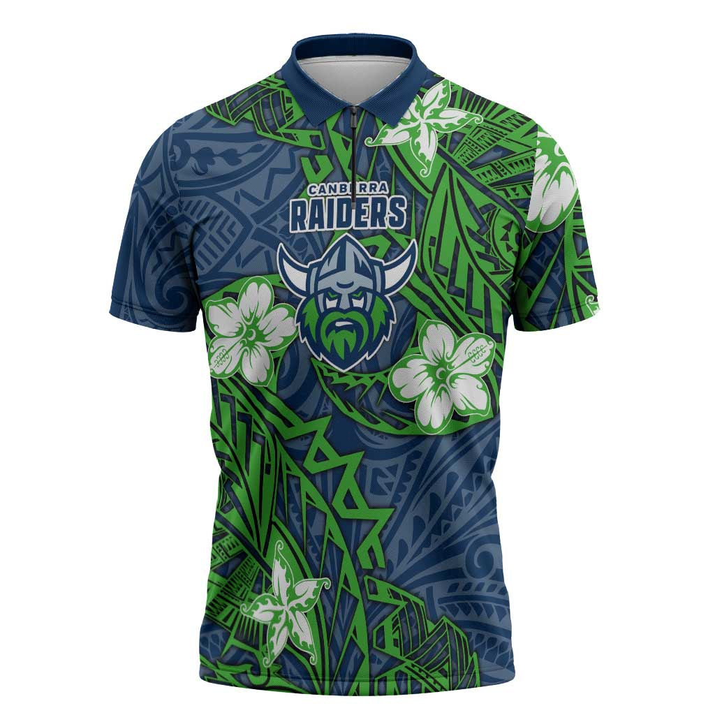 Personalised Canberra Raiders Zipper Polo Shirt Polynesian Tribal Pattern With Rugby Viking Mascot Art
