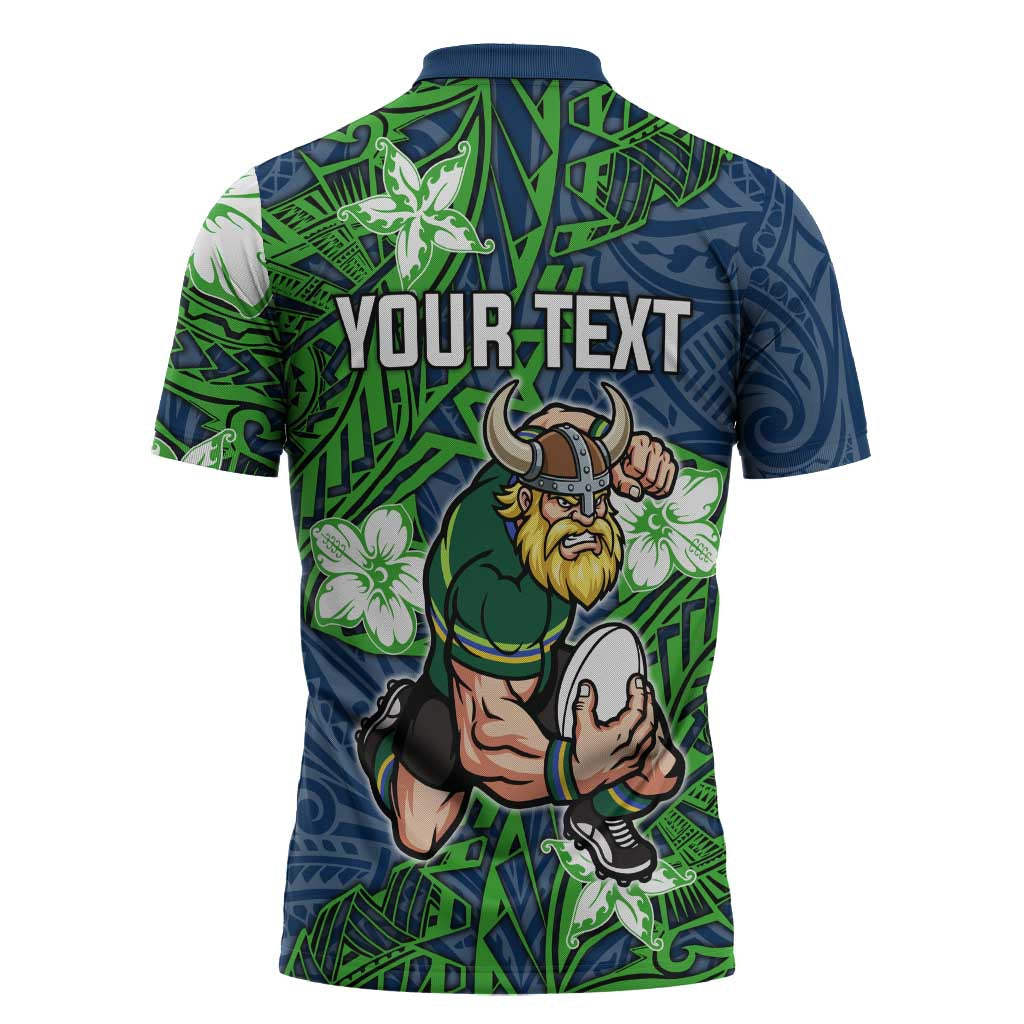 Personalised Canberra Raiders Zipper Polo Shirt Polynesian Tribal Pattern With Rugby Viking Mascot Art