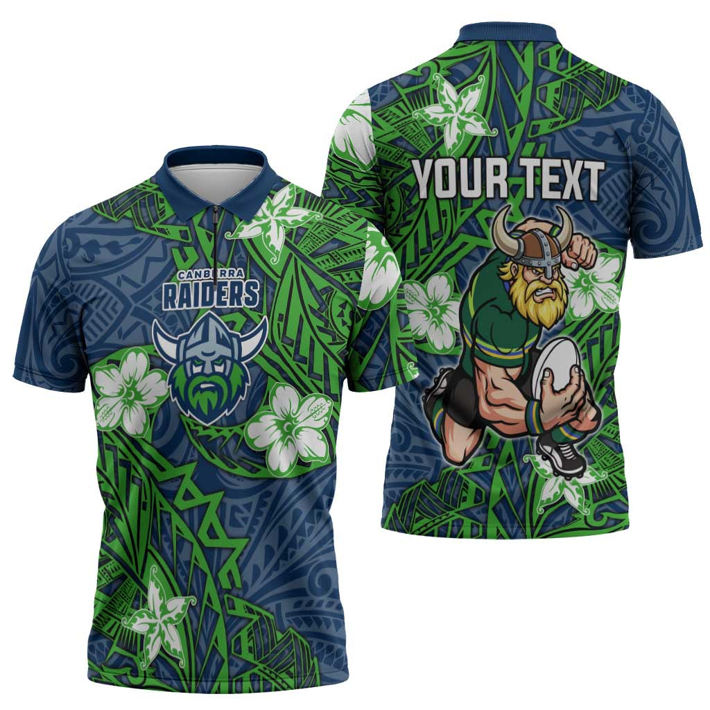 Personalised Canberra Raiders Zipper Polo Shirt Polynesian Tribal Pattern With Rugby Viking Mascot Art