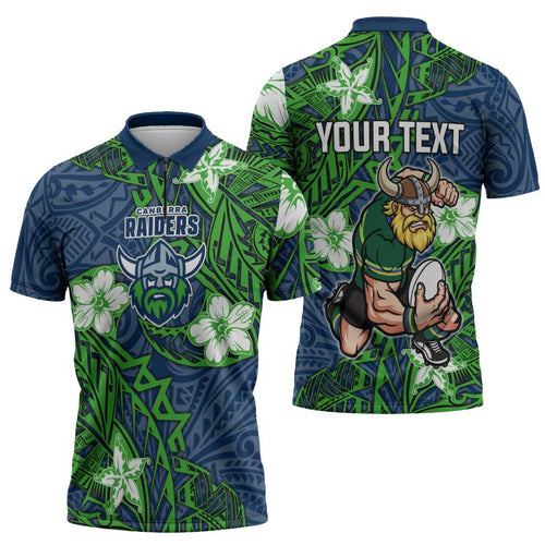 Personalised Canberra Raiders Zipper Polo Shirt Polynesian Tribal Pattern With Rugby Viking Mascot Art