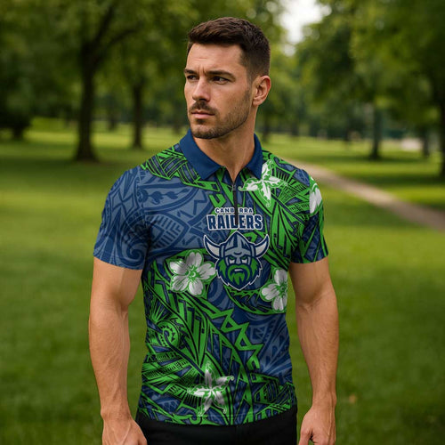 Personalised Canberra Raiders Zipper Polo Shirt Polynesian Tribal Pattern With Rugby Viking Mascot Art