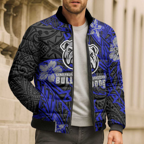 Personalised Canterbury-Bankstown Bulldogs Bomber Puffer Jacket Polynesian Tribal Pattern With Rugby Bulldog Mascot Art